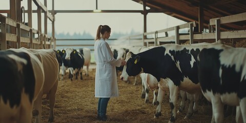 A dedicated veterinarian offers compassionate care for barn cows, monitoring their health, providing proper feed like hay and grass, and performing attentive treatments to ensure their wellbeing