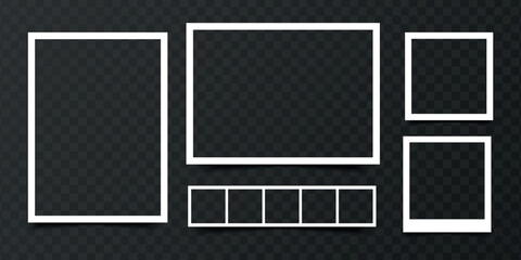 Set of empty photo frames in different shapes isolated on dark transparent background. Blank photo border. Vector illustration