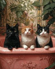 Three Kittens in a Pink Bathtub with Tropical Leafy Background