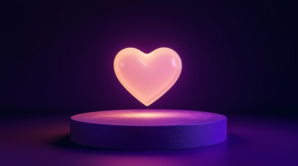 A photo of a 3D podium with a soft, glowing heart in the center, isolated on a dark purple background