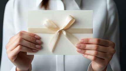 Fototapeta premium Elegant gift card held by a person, showcasing a beautiful ribbon on a clean background, perfect for celebrations and special occasions.