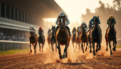 Cross view of horses racing closely in the hippodrome.
