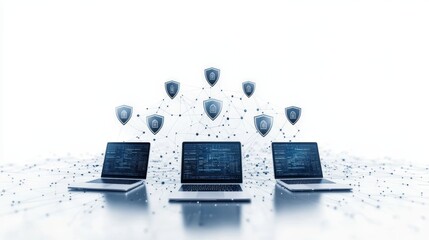 Network security concept with laptops and shields illustrating data protection and cyber defense in a digital environment.