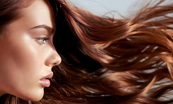 The Essence of Flowing Beauty: A young woman with auburn hair cascading in the wind, her serene expression reflecting the effortless grace of the moment. 