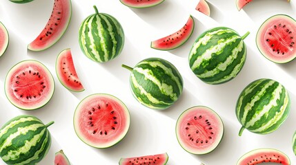Watercolor-style seamless pattern of watermelon slices with colorful splashes on a white background. Perfect for artistic, fresh, and playful designs.