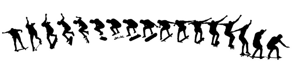 Dynamic silhouette sequence of skateboarder performing mid-air trick. Frame-by-frame image of skate trick. Black vector illustration of silhouette. Fluid motion and athletic skateboarding skill  © Mykhailo Shvets
