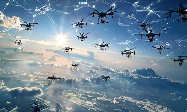 Drone Swarm: A mesmerizing aerial view of a swarm of drones against a backdrop of swirling clouds and a vibrant blue sky. The drones form a network