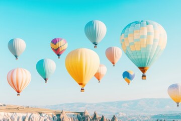Obraz premium Multicolored hot air balloons drifting over a rocky landscape with a clear turquoise sky, creating a dreamy and adventurous scene.