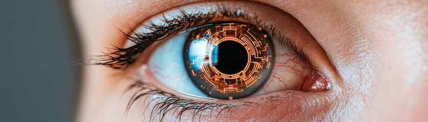 Close-up of a futuristic cybernetic eye implant with intricate circuitry design, showcasing advanced technology and innovation in bioengineering.