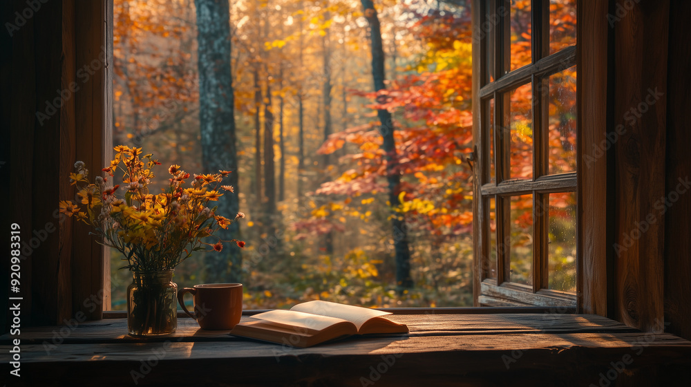 Sticker autumn forest view from a cozy cabin window