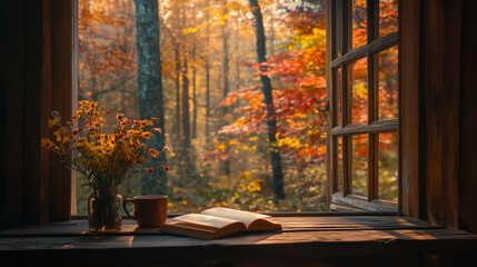 autumn forest view from a cozy cabin window