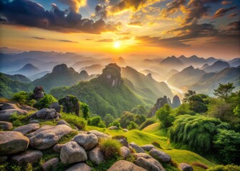 Serene landscape of a majestic mountain range at sunset, with soft, gentle rocks and rolling hills covered in lush greenery and misty valleys.
