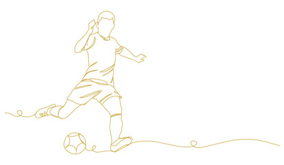 continuous line drawing of soccer player shooting vector illustration. Single one line art of young man playing soccer ball template.