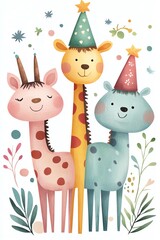 Naklejka premium Colorful cartoon animals wearing party hats, perfect for children's celebrations and playful decor.