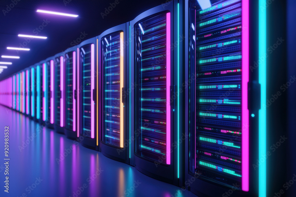 Poster modern data center with server racks illuminated by colorful neon lights, showcasing advanced techno