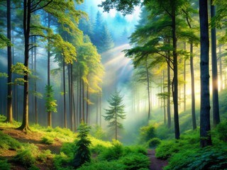Serene misty forest landscape with towering trees, soft diffused light, and vibrant lush foliage, evoking a calming atmosphere and soothing sounds of nature.