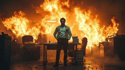 Confident man standing in a chaotic office engulfed in flames, creating a dramatic and intense scene.