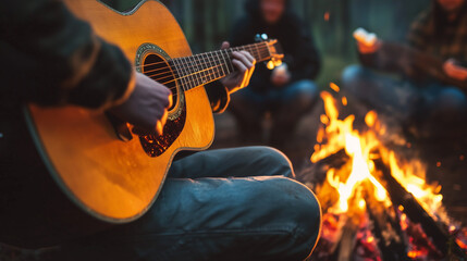 Fototapeta premium a person playing an acoustic guitar by a campfire, with friends gathered around and roasting marshmallows