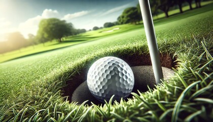 A golf ball resting at the edge of a hole on a lush green golf course