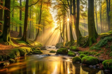 Obraz premium Serene misty forest atmosphere with sunbeams filtering through towering trees, accompanied by soothing sounds of gentle rustling leaves and soft babbling brook.