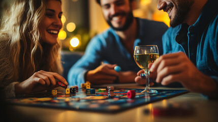 a couple enjoying a board game night at home, with snacks and drinks on the side