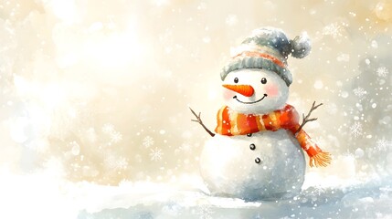 Fototapeta premium Cheerful snowman with a red scarf and wool hat in a snowy winter scene, illustrating holiday joy and seasonal celebration.