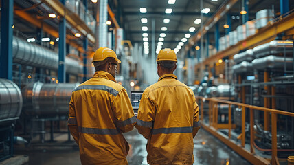 Two project managers standing in modern industrial factory, looking at laptop screen. Manufacturing facility with robotics, robotic arms and automation. Storing products and materials in warehouse.