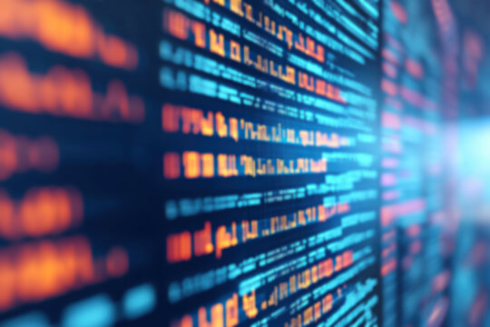 Close-up of complex code on a computer screen with blue and orange highlights, representing technology, programming, and data analysis.