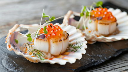  gourmet scallop dishes presented on a dark, textured stone platter nestled within a white, ridged seashell, topped with a creamy sauce and garnished with small, colorful beads of caviar