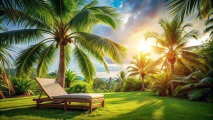 Fototapeta premium Relaxing outdoor scene with a comfortable lounge chair nestled under a majestic palm tree, surrounded by lush greenery and warm tropical sunlight.