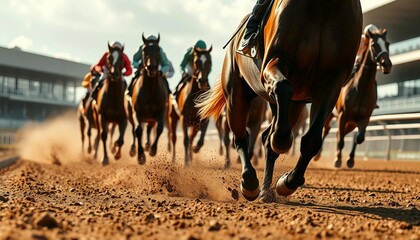 Fototapeta premium Cross view of horses racing closely in the hippodrome.
