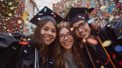 Obraz premium Group selfie portrait of students on graduation ceremony with confetti falling around.