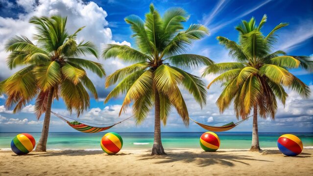Swaying palm trees, colorful hammocks, and vibrant beach balls set the tone for a carefree island getaway infused with the laid-back rhythms of reggae music.