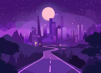 Stylized flat vector illustration of cityscape at night with purple lighting, cartoon style. The background is dark and the buildings glow in shades of violet against the darkness.