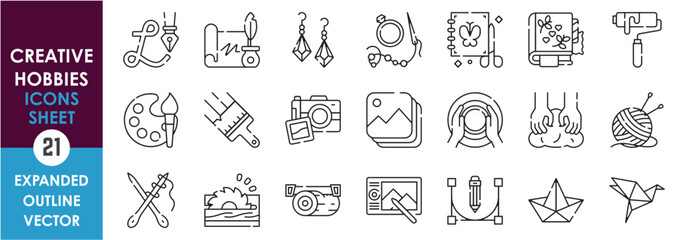 A set of line icons related to Creative Hobbies. Painting, photography, calligraphy, origami, jewelry making, woodworking, knitting, scrapbooking and so on. Vector outline icons set.