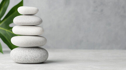 Minimalistic spa concept with stacked zen stones and green leaf on gray background, promoting relaxation and tranquility in a wellness setting.