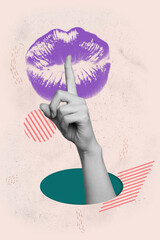 Creative drawing collage poster of person girl put finger lips kiss print ask no share private secret