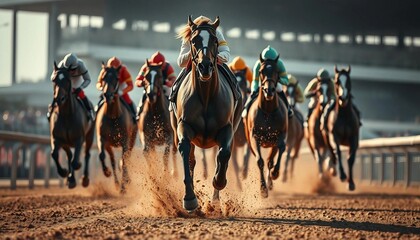 Cross view of horses racing closely in the hippodrome.