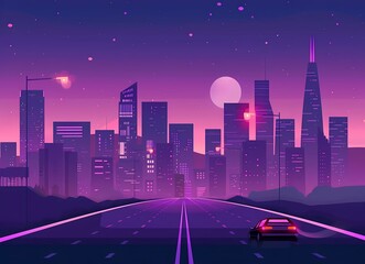 Stylized flat vector illustration of cityscape at night with purple lighting, cartoon style. The background is dark and the buildings glow in shades of violet against the darkness.