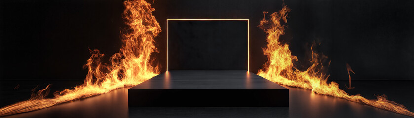 Empty black rectangular product display podium surrounded by flame against dark wall 