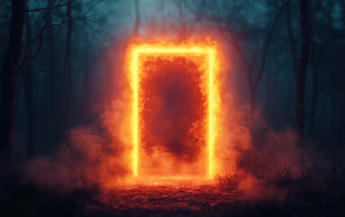 Mysterious glowing door in a dark forest emitting eerie light through dense fog. Concept of fantasy, magic gateways, and supernatural realms.