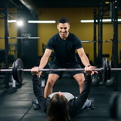 A male trainer guiding a client for lifting weights in gym class, gym fitness workout concept