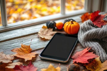 Fototapeta premium Smartphone placed on rustic wooden table with autumn leaves and cozy sweater