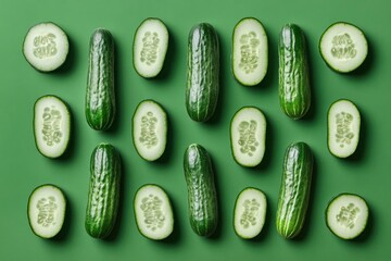 Creative layout made of cucumber on the green background. Flat lay. Food concept - generative ai