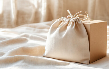 Elegant beige gift pouch and box on soft fabric background, creating a cozy and stylish setting perfect for special occasions and luxury presentations.