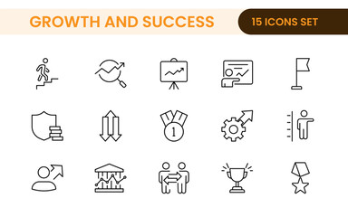 Growth and Success modern outline style icons set. Successful business development, plan and process symbol illustration.