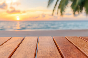 Fototapeta premium Wooden table with a beautiful view of a sunset over a tropical beach, palm leaves in the background, perfect for a relaxing getaway scene.
