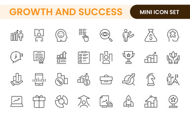 Growth and Success modern outline style icons set. Successful business development, plan and process symbol illustration.
