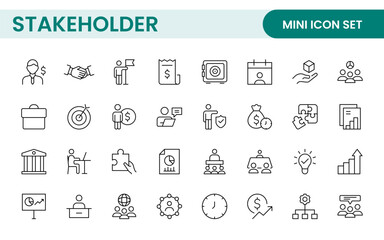 Stakeholder outline icons set. Business, teamwork, trade unions, suppliers, government, customers, creditors, community, investors and partners.