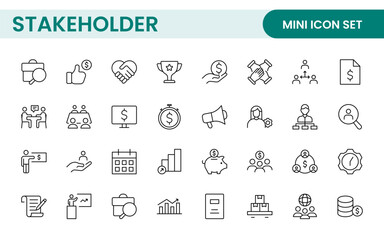 Stakeholder outline icons set. Business, teamwork, trade unions, suppliers, government, customers, creditors, community, investors and partners.